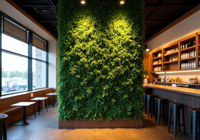 A vertical green wall inside a chic cafe.