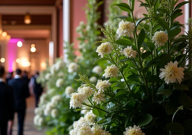 Elegant plant arrangements at a corporate gala event.