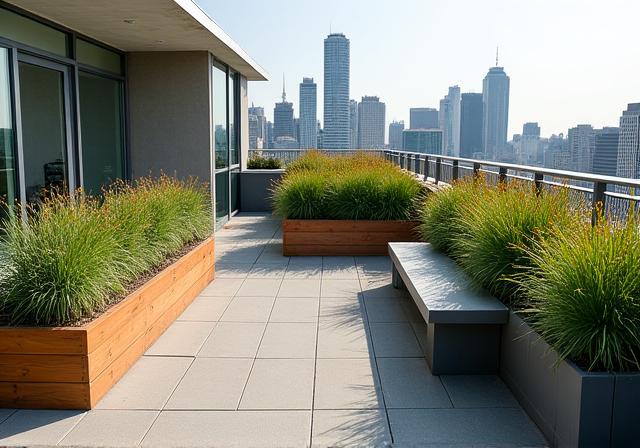 A modern rooftop garden with seating areas and lush planters.