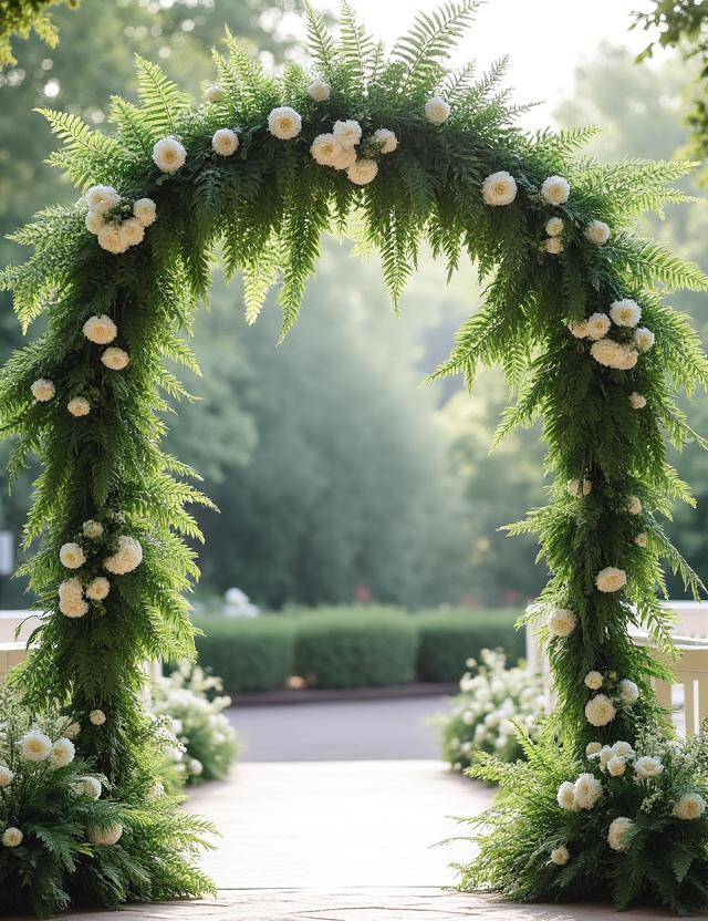 A beautiful botanical wedding arch decorated with ferns and white flowers.
