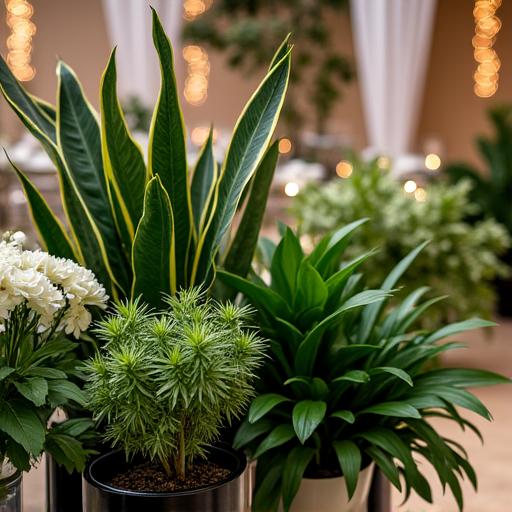Lush potted plants arranged for a wedding reception.