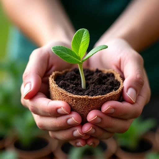 Hands holding a small seedling in a pot.